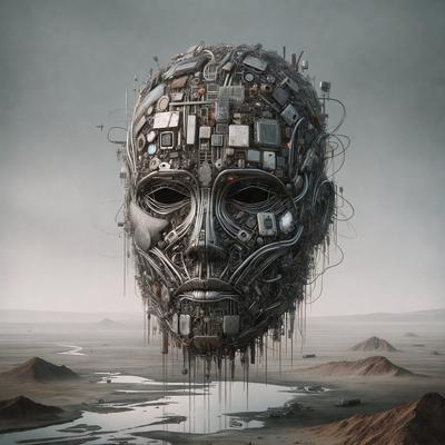The primary subject of the image is a large, intricate, and futuristic head made of various electronic components. The head is prominently displayed in the foreground, with a backdrop of a desert landscape. The visual style of the image is a combination of digital art and illustration, creating a unique and captivating scene. The colors and mood of the image are predominantly dark and moody, with the electronic components and the desert landscape contributing to the overall atmosphere.